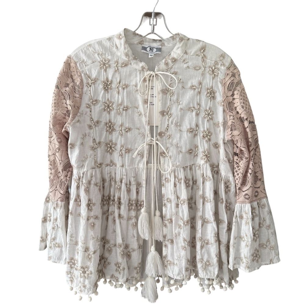 Barok NJ Couture Boho Tassel Lace Floral Sequin Tie Front Top OS Embroidered